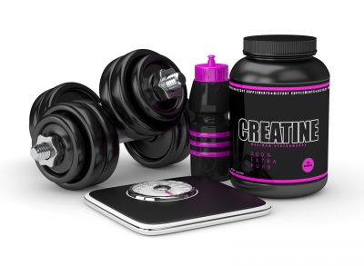 3d render of creatine powder, dumbbells, scale and shaker